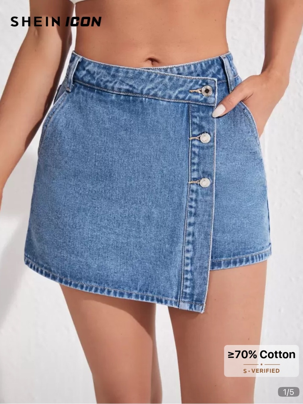 SHEIN Blue Asymmetrical Button-Trim Denim Mini Skirt